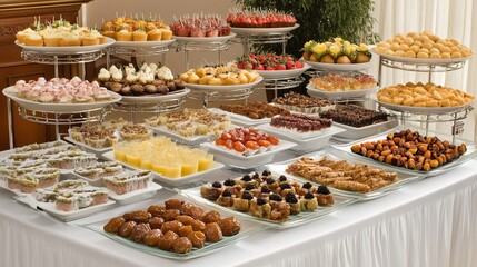 Lavish dessert buffet with diverse pastries, cakes, and fruits