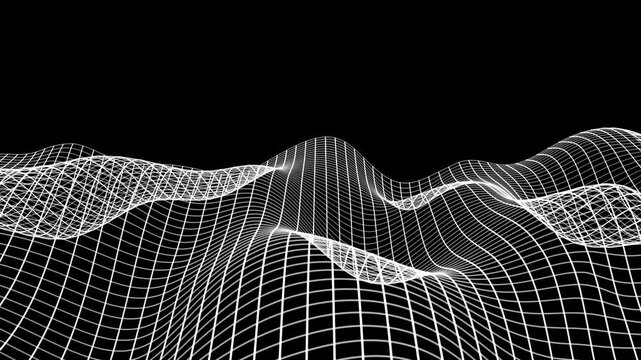 Abstract background of white wave pattern. White waves  black surface. 4k seamless looping. Black and white abstract wavy and curvy lines pattern copy space background animation. Slow motion.