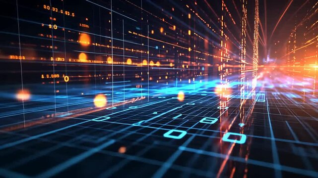 Immersive digital corridor with glowing lines, binary code streams, and vibrant orange-blue hues Futuristic data flow visualization