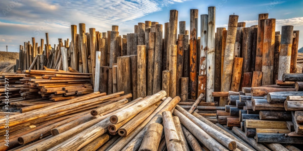 Poster a large stockpile of weathered wooden posts and beams, stacked and arranged in an outdoor setting, s