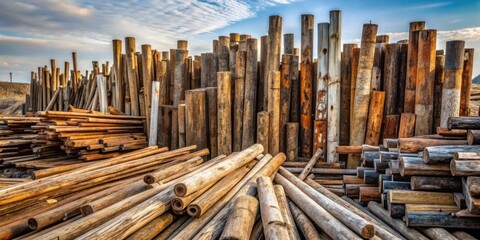 Obraz premium A large stockpile of weathered wooden posts and beams, stacked and arranged in an outdoor setting, showcasing various sizes and hues of brown and tan, under a partly cloudy sky.