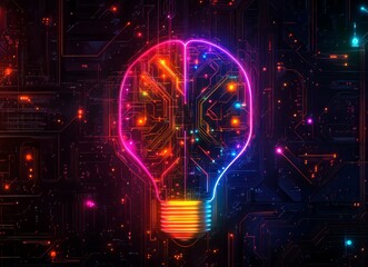 A radiant lightbulb, packed with dynamic circuitry, emits energy and innovation, with surrounding streaks of light amplifying its futuristic ambiance