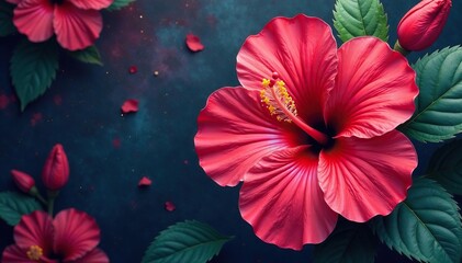 Obraz premium Bold hibiscus print, stylized petals, rich hues , print, modern, fabric