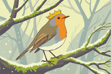 43 European robin, orange breast, yellow flower petals on head, perched on frosty branch, moss-covered twig, misty background, high detail, vibrant colors, macro photography, wildlife portrait, crisp 
