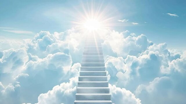 A serene image of a heavenly staircase ascending through bright clouds to a radiant light.