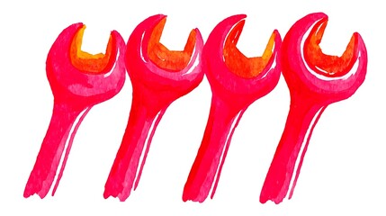 Four vibrant pink watercolor wrenches in a row