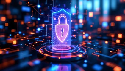 Fototapeta premium Cybersecurity Shield: A glowing digital padlock, symbolising robust data protection, is displayed on a futuristic technological background. 