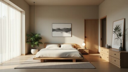 The Zen bedroom features a low wooden bed with crisp white bedding and a blue throw, neutral beige tones, abstract artwork above, soft lighting, potted greenery, woven baskets, and minimalist decor.