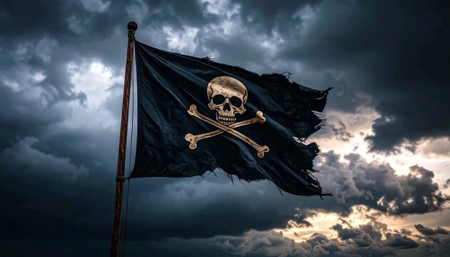 Una dram&aacute;tica fotograf&iacute;a de una bandera pirata destrozada ondeando desafiante contra un cielo tormentoso de fondo. La imagen simboliza el peligro, la rebeld&iacute;a y el esp&iacute;ritu rebelde de la vida pirata. 