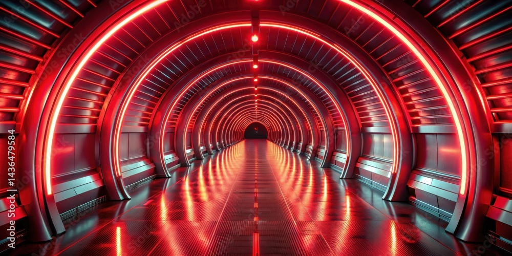 Poster futuristic red neon corridor a reflective passageway with arched walls and glowing lights