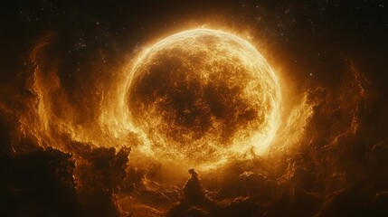 Obraz premium Fiery celestial orb amidst dark clouds