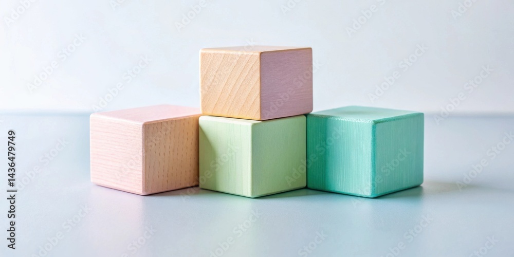 Poster pastel-colored wooden blocks arranged in a visually appealing composition on a pale surface, suggest