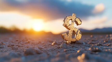 Broken dollar sign in desert at sunset