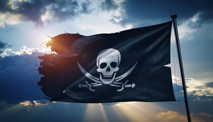 Una dramática fotografía de una bandera pirata destrozada ondeando desafiante contra un cielo tormentoso de fondo. La imagen simboliza el peligro, la rebeldía y el espíritu rebelde de la vida pirata. 