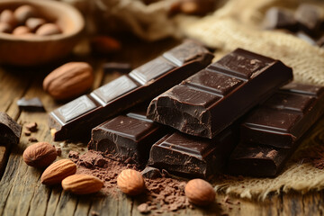 Delicious traditional dark chocolate with almond. Raw Chocolate pieces kept on wooden table.