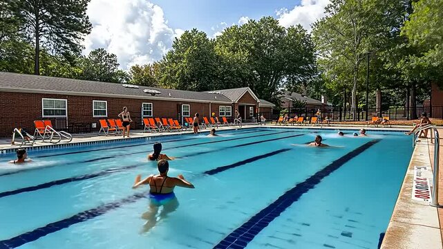 Outdoor community pool with people exercising