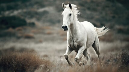Obraz premium White horse on dark mode with blurred background