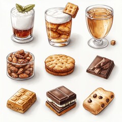 Illustrations of various desserts, cakes and cookies on a clean white background, minimalistic style, isolated objects on a white background