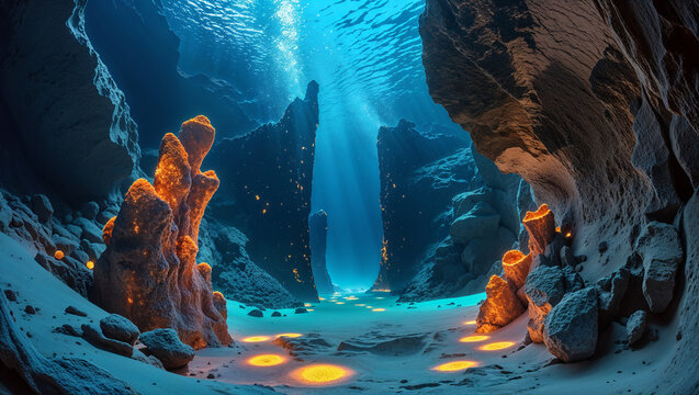Underwater trench with bioluminiscent plants nearby