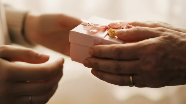 Giving present hands pink gift box ribbon roses love celebration surprise birthday holiday event. Mother's Day is every day.