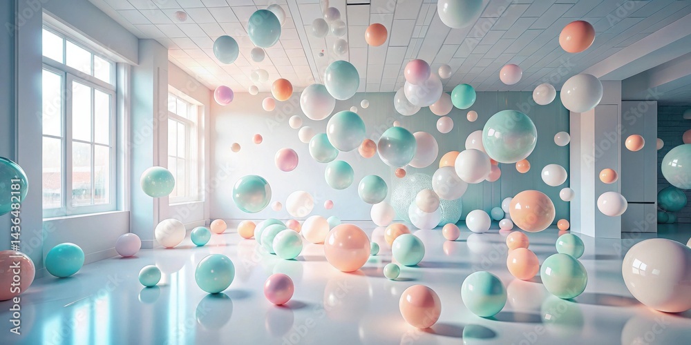 Poster pastel spheres float in an airy, sunlit room, creating a dreamlike atmosphere of calm and serenity