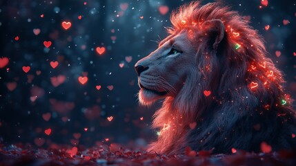 Majestic lion, heart lights, winter forest, love, Valentine's