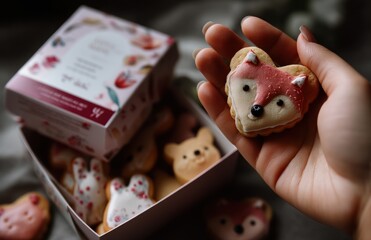 Hand holding cute heart-shaped cookie with icing