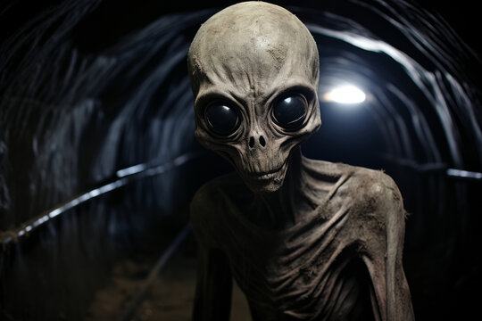 Creepy extraterrestrial creature lurking in a dark, eerie underground tunnel, perfect for horror, sci-fi suspense, and alien invasion story themes.