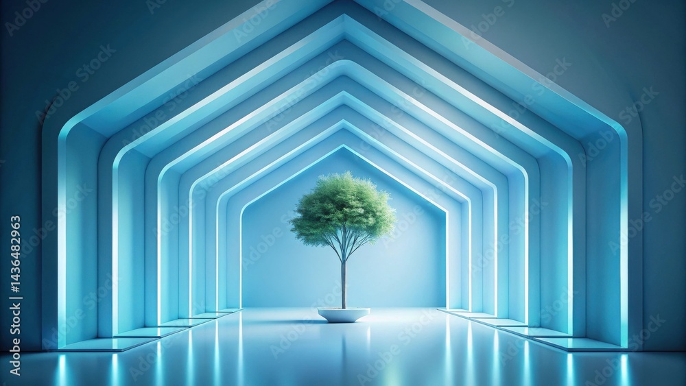 Poster a flourishing tree within a futuristic, minimalist blue architectural space with glowing lines