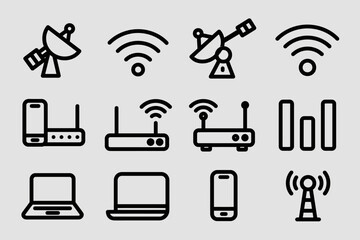  line icon set featuring 16 icons related to wireless technology and connectivity. Include various styles of Wi-Fi signals, mobile network bars, internet signals, satellite dishes, routers, modems