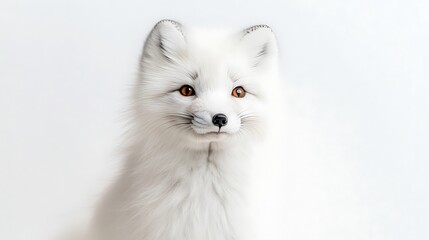 Close up portrait of a white arctic fox against a white background