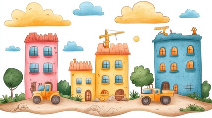 Charming Watercolor Town: Construction and Colorful Houses