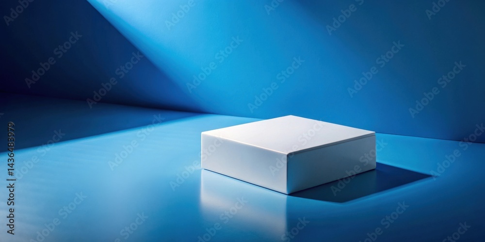 Poster A pristine white cube platform rests on a vibrant blue surface, bathed in dramatic light, creating a minimalist and modern display