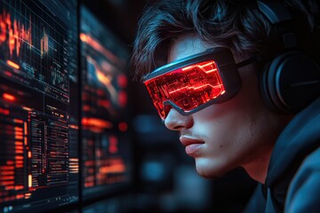 Futuristic Gamer Immersed in Virtual Reality with High-Tech Neon Goggles in a Digital World