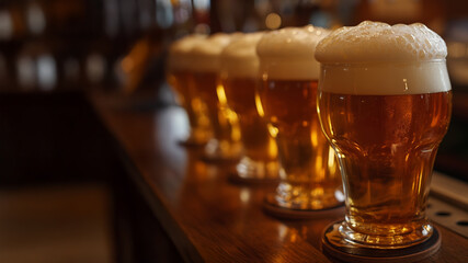 Row of beer glasses filled with foamy golden beer on a bar counter, great for pub, celebration, and beverage promotion concepts.