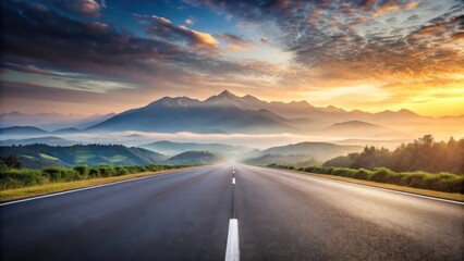 Fototapeta premium Asphalt Path Through Misty Mountain Valley at Sunrise, Leading to a Serene and Picturesque Destination
