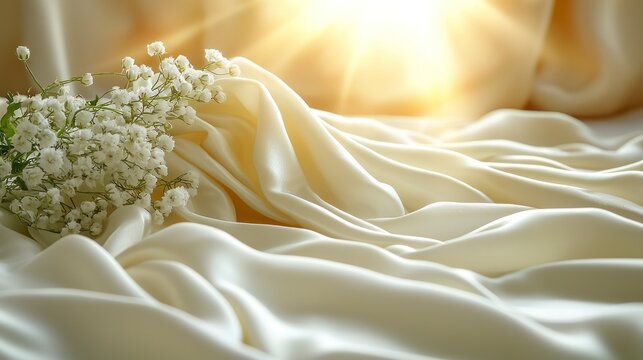 Fototapeta Soft fabric drapes with flower detail and sunlight