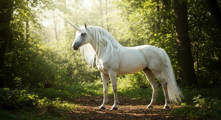 Unicorn Standing in Sunlight Forest Path with Majestic White Mane