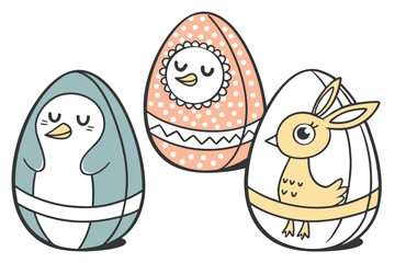 49 Cute egg-shaped animal figurines, Easter-themed characters, Kawaii style, Minimalist design, Pastel colors, Blue penguin, Yellow reindeer, Polka dot owl, Orange deer, White egg, Smooth textures, Si