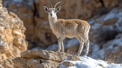 Obraz premium A young, light-brown goat stands on rocky, snowy terrain