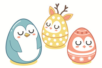 49 Cute egg-shaped animal figurines, Easter-themed characters, Kawaii style, Minimalist design, Pastel colors, Blue penguin, Yellow reindeer, Polka dot owl, Orange deer, White egg, Smooth textures, Si