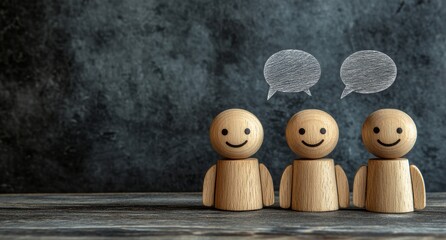 Wooden figures are positioned together, accompanied by vibrant speech bubbles hovering above their heads, symbolizing communication, collaboration, and the exchange of ideas within a collective