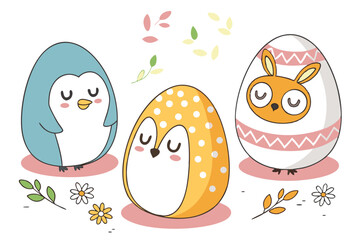 49 Cute egg-shaped animal figurines, Easter-themed characters, Kawaii style, Minimalist design, Pastel colors, Blue penguin, Yellow reindeer, Polka dot owl, Orange deer, White egg, Smooth textures, Si