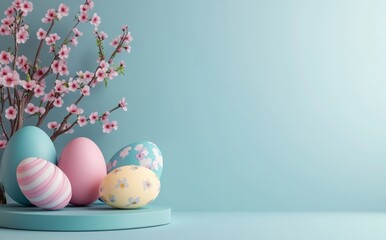 In a tranquil pastel green setting, a white pedestal stands adorned with pink Easter eggs and surrounded by blooming cherry blossoms, as gentle petals float softly to the ground