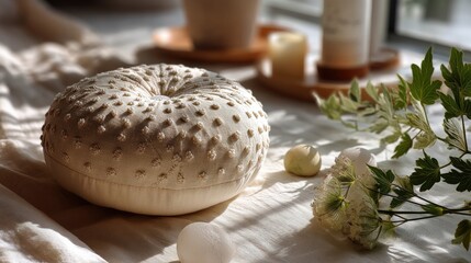 Soft round baby pillow with embroidered dots on a delicate ivory surface