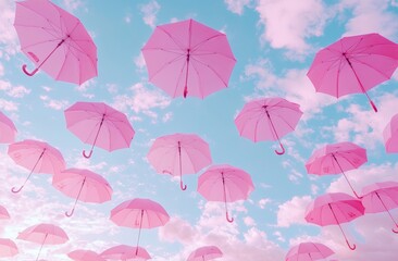 Obraz premium A dreamy, sun-kissed sky is filled with an array of colorful umbrellas drifting languidly amidst light, airy clouds, crafting a charming, idyllic setting that nurtures peacefulness and imaginative