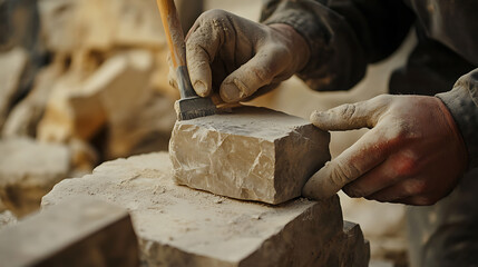 Stone Mason Carving a Block with Chisel and Hammer