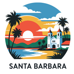 Obraz premium Colorful Santa Barbara Sunset with Mission and Palm Trees vector Ar
