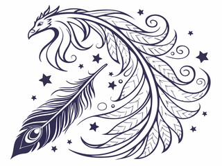 Delicate, flowing typography with fine line art: a dragon curled around the top, phoenix feathers 