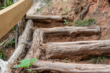 Close-up image of rustic wooden steps set into red clay on a nature trail at Lady Bird Johnson Park in Fredericksburg Texas.